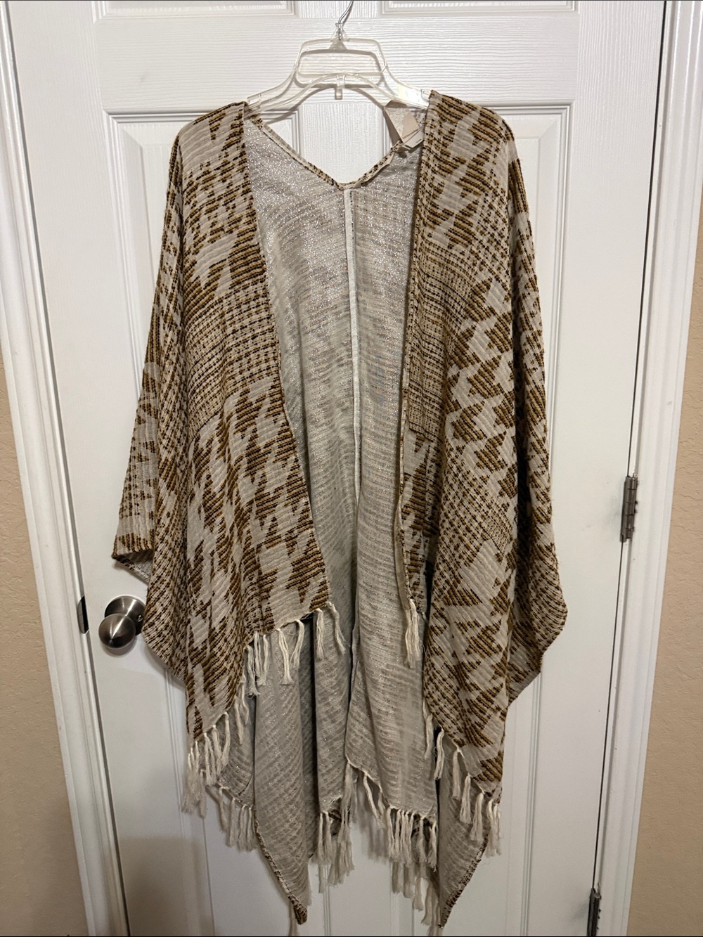 Soft Surroundings Beige and Brown Patterned Open-Front Top